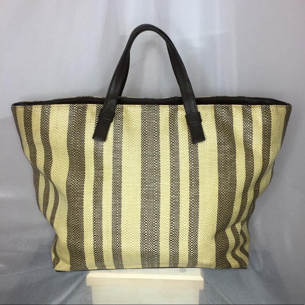 Cole Haan Striped Leather Straw Large Tote